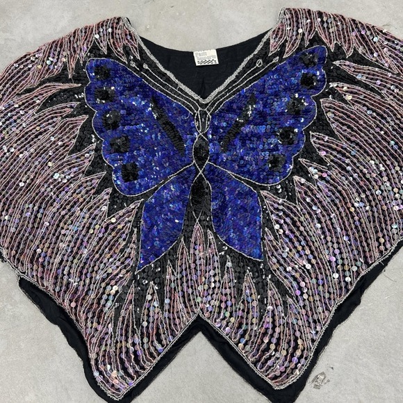 Vintage 1970s Retro Disco Boho Beaded‎ Sequin Butterfly Silk Top - Picture 2 of 9